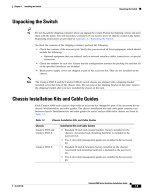 Page 1271-5
Catalyst 6500 Series Switches Installation Guide
OL-5781-08
Chapter 1      Installing the Switch
  Unpacking the Switch
Unpacking the Switch
TipDo not discard the shipping container when you unpack the switch. Flatten the shipping cartons and store 
them with the pallet. You will need these containers if you need to move or ship the switch in the future. 
Repacking instructions are provided in Appendix A, “Repacking the Switch.”
To check the contents of the shipping container, perform the following:...