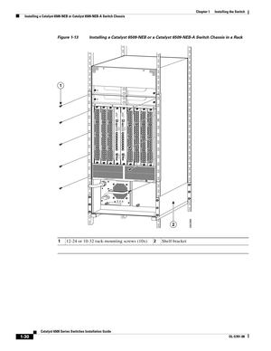 Page 1521-30
Catalyst 6500 Series Switches Installation Guide
OL-5781-08
Chapter 1      Installing the Switch
  Installing a Catalyst 6509-NEB or Catalyst 6509-NEB-A Switch Chassis
Figure 1-13 Installing a Catalyst 6509-NEB or a Catalyst 6509-NEB-A Switch Chassis in a Rack
112-24 or 10-32 rack-mounting screws (10x)2Shelf bracket
INPUT
OKFA N
OKOUTPUT
FA IL
o
280388
POWER SUPPLY 1
POWER SUPPLY 2
W
S
-S
U
P32
-G
E
-3
BSTA
TUS
SYSTEM
ACTIVE
PWR
 MG
MT
RES
ETC
A
TA
L
Y
S
T
   6
500
 S
UP
E
R
V
ISO
R
  
E
N
G
IN
E...