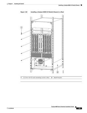 Page 1611-39
Catalyst 6500 Series Switches Installation Guide
OL-5781-08
Chapter 1      Installing the Switch
  Installing a Catalyst 6509-V-E Switch Chassis
Figure 1-20 Installing a Catalyst 6509-V-E Switch Chassis in a Rack
112-24 or 10-32 rack-mounting screws (10x)2Shelf bracket
INPUT
OKFA N
OKOUTPUT
FA IL
o
280388
POWER SUPPLY 1
POWER SUPPLY 2
W
S
-S
U
P32
-G
E
-3
BSTA
TUS
SYSTEM
ACTIVE
PWR
 MG
MT
RES
ETC
A
TA
L
Y
S
T
   6
500
 S
UP
E
R
V
ISO
R
  
E
N
G
IN
E
  32
C
O
N
S
O
L
E
E
J
E
C
TD
IS
K
 0P
O
R
T 1
P...