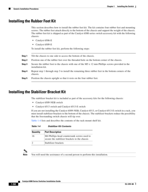 Page 1721-50
Catalyst 6500 Series Switches Installation Guide
OL-5781-08
Chapter 1      Installing the Switch
  Generic Installation Procedures
Installing the Rubber Feet Kit
This section describes how to install the rubber feet kit. The kit contains four rubber feet and mounting 
screws. The rubber feet attach directly to the bottom of the chassis and support the weight of the chassis. 
The rubber feet kit is shipped as part of the Catalyst 6500 series switch accessory kit with the following 
chassis:
Catalyst...