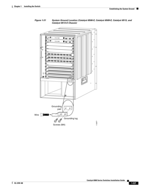 Page 1791-57
Catalyst 6500 Series Switches Installation Guide
OL-5781-08
Chapter 1      Installing the Switch
  Establishing the System Ground
Figure 1-31 System Ground Location (Catalyst 6506-E, Catalyst 6509-E, Catalyst 6513, and 
Catalyst 6513-E Chassis)
FA N
STATUS
8 PORT GIGABIT ETHERNETWS-X64081LINKSTATUS2
3
4
5
6
7
8LIN
KLIN
KL
IN
KL
IN
KLIN
KLIN
KLIN
K8 PORT GIGA
BIT ETHERNETWS-X64081LIN
KSTATUS2
3
4
56
7
8LIN
KL
INKL
IN
KLIN
KLIN
KLIN
KL
IN
K8 PORT GIGABIT ETHERNETWS-X64081L
IN
KSTATUS2
34
5
6
7...