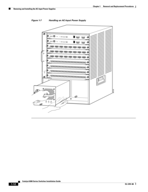 Page 2201-12
Catalyst 6500 Series Switches Installation Guide
OL-5781-08
Chapter 1      Removal and Replacement Procedures
  Removing and Installing the AC-Input Power Supplies
Figure 1-7 Handling an AC-Input Power Supply
48133
FA N
S TAT US
1
2
3
4
5
6
7
8
9
8 PORT GIGABIT ETHERNET
WS-X64081LIN
KSTATUS2
3
4
5
6
7
8L
IN
KLINKLINKLIN
KLINKLINKLIN
K
8 PORT GIGABIT ETHERNET
WS-X64081LINKSTATUS2
3
4
5
6
7
8LINKLIN
KLINKLINKLIN
KLINKLINK
8 PORT GIGABIT ETHERNET
WS-X64081LINKSTATUS2
3
4
5
6
7
8LIN
KLINKLINKLINKLIN...