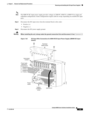 Page 2691-61
Catalyst 6500 Series Switches Installation Guide
OL-5781-08
Chapter 1      Removal and Replacement Procedures
  Removing and Installing the DC-Input Power Supplies
NoteThe 6000 W DC-input power supply provides voltages of 2800 W, 4500 W, or 6000 W for single and 
redundant configurations. Some configurations require cable tie-wraps, depending on available DC input 
pairs. 
Step 5Disconnect the DC-input wires from the terminal block in this order:
Positive (+) 
Negative (-) 
Step 6Disconnect the DC...