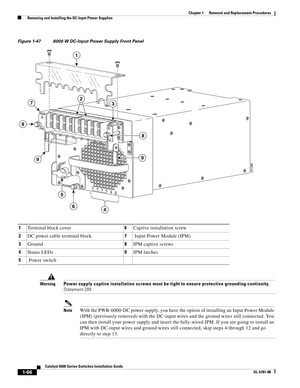 Page 2741-66
Catalyst 6500 Series Switches Installation Guide
OL-5781-08
Chapter 1      Removal and Replacement Procedures
  Removing and Installing the DC-Input Power Supplies
Figure 1-47 6000 W DC-Input Power Supply Front Panel
WarningPower supply captive installation screws must be tight to ensure protective grounding continuity. 
Statement 289
NoteWith the PWR-6000-DC power supply, you have the option of installing an Input Power Module 
(IPM) (previously removed) with the DC-input wires and the ground wires...