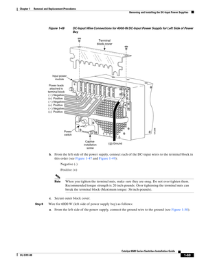 Page 2771-69
Catalyst 6500 Series Switches Installation Guide
OL-5781-08
Chapter 1      Removal and Replacement Procedures
  Removing and Installing the DC-Input Power Supplies
Figure 1-49 DC-Input Wire Connections for 4000-W DC-Input Power Supply for Left Side of Power 
Bay
b.
From the left side of the power supply, connect each of the DC-input wires to the terminal block in 
this order (see Figure 1-47 and Figure 1-49): 
Negative (-) 
Positive (+) 
NoteWhen you tighten the terminal nuts, make sure they are...