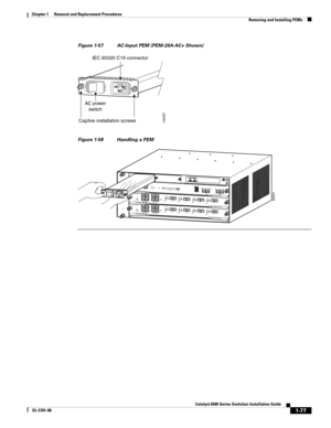 Page 2851-77
Catalyst 6500 Series Switches Installation Guide
OL-5781-08
Chapter 1      Removal and Replacement Procedures
  Removing and Installing PEMs
Figure 1-57 AC-Input PEM (PEM-20A-AC+ Shown)
Figure 1-58 Handling a PEM
Captive installation screwsIEC 60320 C19 connector
AC power
switch130057
PEM-20A-AC+50-60 Hz 120-240V  15A
SUPERVISOR2 WS-X6K-SUP2-2GESTATUSSYSTEMCONSOLEPWR MGMTRESETC
O
N
S
O
L
EC
O
N
S
O
L
E
P
O
RT
M
O
D
EP
C
M
C
IAE
JE
C
TP
O
R
T 1P
O
R
T
 2S
w
itch
    L
oad
   
10
0%
1%
LINK...