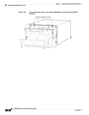 Page 2961-88
Catalyst 6500 Series Switches Installation Guide
OL-5781-08
Chapter 1      Removal and Replacement Procedures
  Removing and Installing the Fan Tray
Figure 1-69 Accessing the Fan Trays on the Catalyst 6509-NEB-A and the Catalyst 6509-V-E 
Switches
SUPERVISOR2 WS-X6K-SUP2-2GES
T
A
T
U
SS
Y
S
T
E
M
SUPERVISOR2 WS-X6K-SUP2-2GES
T
A
T
U
SS
Y
S
T
E
M
SWITCH FABRIC MDL
S
T
A
T
U
S
WS-C6500-SFMSWITCH FABRIC MDL
S
T
A
T
WS-C6500-SFMO
C12 POS M
M OSM
-40C12-POS
-M
MS
T
A
T
U
SOC12 POS
 M
M OSM-40C12-POS-MMS...