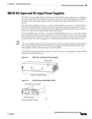 Page 315A-5
Catalyst 6500 Series Switches Installation Guide
OL-5781-08
Appendix A      Power Supply Specifications
  950 W AC-Input and DC-Input Power Supplies
950 W AC-Input and DC-Input Power Supplies
The 950 W AC-input (PWR-950-AC) and DC-input (PWR-950-DC) power supplies can be installed in 
the Catalyst 6503 and Catalyst 6503-E switch chassis only. Due to form factor differences, the 950 W 
AC-input and DC-input power supplies cannot be installed in any other Catalyst 6500 series switch 
chassis.
The 950 W...