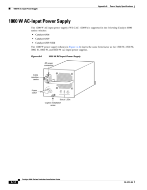 Page 320A-10
Catalyst 6500 Series Switches Installation Guide
OL-5781-08
Appendix A      Power Supply Specifications
  1000 W AC-Input Power Supply
1000 W AC-Input Power Supply
The 1000 W AC-input power supply (WS-CAC-1000W) is supported in the following Catalyst 6500 
series switches:
Catalyst 6506
Catalyst 6509
Catalyst 6509-NEB
The 1000 W power supply (shown in Figure A-4) shares the same form factor as the 1300 W, 2500 W, 
3000 W, 4000 W, and 6000 W AC-input power supplies.
Figure A-4 1000 W AC-Input Power...