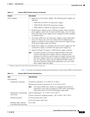 Page 331-11
Catalyst 6500 Series Switches Installation Guide
OL-5781-08
Chapter 1      Product Overview
  Catalyst 6503-E Switch
Ta b l e 1 - 4 lists the environmental and physical specifications of the Catalyst 6503-E switch chassis. Power supplies
Supports one or two power supplies. The following power supplies are 
supported:
–PWR-950-AC (950 W AC-input power supply).
–PWR-950-DC (950 W DC-input power supply).
–PWR-1400-AC (1400 W AC-input power supply).
Installed power supplies can be of different wattage...