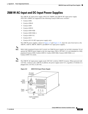 Page 333A-23
Catalyst 6500 Series Switches Installation Guide
OL-5781-08
Appendix A      Power Supply Specifications
  2500 W AC-Input and DC-Input Power Supplies
2500 W AC-Input and DC-Input Power Supplies 
The 2500 W AC-input power supply (WS-CAC-2500W) and 2500 W DC-input power supply 
(WS-CDC-2500W) are supported in the following Catalyst 6500 series switches:
Catalyst 6506
Catalyst 6506-E
Catalyst 6509
Catalyst 6509-E
Catalyst 6509-NEB
Catalyst 6509-NEB-A
Catalyst 6509-V-E
Catalyst 6513
Catalyst 6513-E...