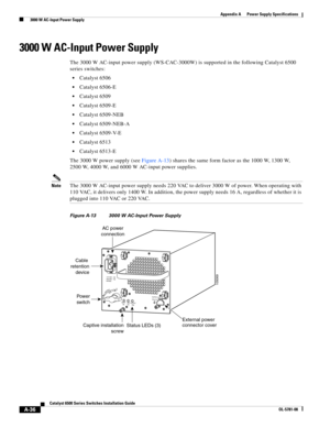 Page 346A-36
Catalyst 6500 Series Switches Installation Guide
OL-5781-08
Appendix A      Power Supply Specifications
  3000 W AC-Input Power Supply
3000 W AC-Input Power Supply
The 3000 W AC-input power supply (WS-CAC-3000W) is supported in the following Catalyst 6500 
series switches:
Catalyst 6506
Catalyst 6506-E
Catalyst 6509
Catalyst 6509-E
Catalyst 6509-NEB
Catalyst 6509-NEB-A
Catalyst 6509-V-E
Catalyst 6513
Catalyst 6513-E
The 3000 W power supply (see Figure A-13) shares the same form factor as the 1000 W,...