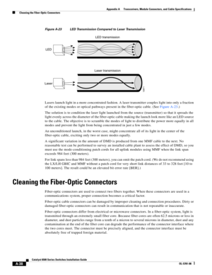 Page 426A-38
Catalyst 6500 Series Switches Installation Guide
OL-5781-08
Appendix A      Transceivers, Module Connectors, and Cable Specifications
  Cleaning the Fiber-Optic Connectors
Figure A-23 LED Transmission Compared to Laser Transmission
Lasers launch light in a more concentrated fashion. A laser transmitter couples light into only a fraction 
of the existing modes or optical pathways present in the fiber-optic cable. (See Figure A-23.) 
The solution is to condition the laser light launched from the...