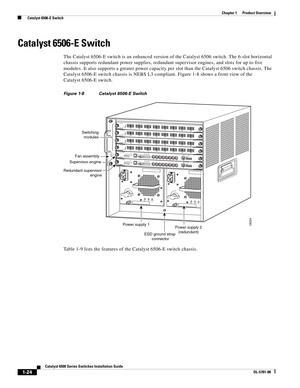 Page 461-24
Catalyst 6500 Series Switches Installation Guide
OL-5781-08
Chapter 1      Product Overview
  Catalyst 6506-E Switch
Catalyst 6506-E Switch
The Catalyst 6506-E switch is an enhanced version of the Catalyst 6506 switch. The 6-slot horizontal 
chassis supports redundant power supplies, redundant supervisor engines, and slots for up to five 
modules. It also supports a greater power capacity per slot than the Catalyst6506 switch chassis. The 
Catalyst 6506-E switch chassis is NEBS L3 compliant. Figure...