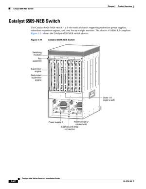 Page 641-42
Catalyst 6500 Series Switches Installation Guide
OL-5781-08
Chapter 1      Product Overview
  Catalyst 6509-NEB Switch
Catalyst 6509-NEB Switch
The Catalyst 6509-NEB switch is a 9-slot vertical chassis supporting redundant power supplies, 
redundant supervisor engines, and slots for up to eight modules. The chassis is NEBS L3 compliant. 
Figure 1-11 shows the Catalyst 6509-NEB switch chassis.
Figure 1-11 Catalyst 6509-NEB Switch
INPUT
OKFA N
OKOUTPUT
FA I
L
o
INPUT
OKFA N
OKOUTPUT
FA I
L
o
FA N...