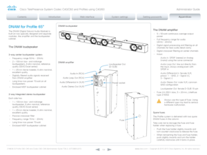 Page 139D14636.12 Profile C60-C40 and Codec C60-C40 Administrator Guide TC6.3, OCTOBER 2013. www.cisco.com — Copyright © 2010-2013 Cisco Systems, Inc. All rights reser ved. 
13 9
DNAM for Profile 65”
The DNAM (Digital Natural Audio Module) is 
built on two specially designed and separate 
modules: the amplifier and the loudspeaker 
cabinet. 
The DNAM loudspeaker
3-way center loudspeaker system
•  
F
 requency range 50  
H
 z - 20  
k
 Hz
•
 
2  × 1

00  
m
 m low- and midrange  
loudspeakers, 8 ohm nominal,...