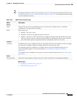 Page 31310-49
User Guide for Cisco Secure Access Control System 5.3
OL-24201-01
Chapter 10      Managing Access Policies
  Security Group Access Control Pages
NoteFor endpoint admission control, you must define an access service and session authorization policy. See 
Configuring Network Access Authorization Rule Properties, page 10-31 for information about creating 
a session authorization policy.
Related Topics:
Configuring an NDAC Policy, page 4-25
NDAC Policy Page, page 10-47
Table 10-28 NDAC Policy...