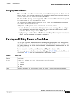 Page 33112-3
User Guide for Cisco Secure Access Control System 5.3
OL-24201-01
Chapter 12      Managing Alarms
  Viewing and Editing Alarms in Your Inbox
Notifying Users of Events
When a threshold is reached or a system alarm is generated, the alarm appears in the Alarms Inbox of 
the web interface. From this page, you can view the alarm details, add a comment about the alarm, and 
change its status to indicate that it is Acknowledged or Closed. 
The alarm details in this page, wherever applicable, include one...