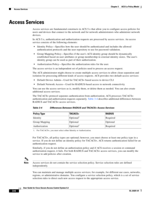 Page 483-6
User Guide for Cisco Secure Access Control System 5.3
OL-24201-01
Chapter 3      ACS 5.x Policy Model
  Access Services
Access Services
Access services are fundamental constructs in ACS 5.x that allow you to configure access policies for 
users and devices that connect to the network and for network administrators who administer network 
devices. 
In ACS 5.x, authentication and authorization requests are processed by access services. An access 
service consists of the following elements:
Identity...