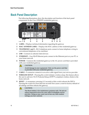 Page 1818  4021193 Rev C 
 
Back Panel Description 
 
Back Panel Description 
The following illustrations show the description and function of the back panel 
components on the Cisco DPQ3925 residential gateway. 
 
1 LABEL—Displays technical information regarding the gateway 
2 MAC ADDRESS LABEL—Displays the MAC address of the residential gateway 
3 TELEPHONE 1 and 2—RJ-11 telephone ports connect to home telephone wiring to 
conventional telephones or fax machines 
4 USB—Connects to selected client devices 
5...