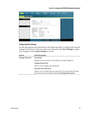 Page 354021193 Rev C  35 
 
 How Do I Configure My DOCSIS Residential Gateway? 
 
  
Configuring Quick Settings 
Use the descriptions and instructions in the following table to configure the network 
settings for the device. After you make your selections, click Save Settings to apply 
your changes or click Cancel Changes to cancel. 
Section Field Description 
Change Password User Name  
Displays the user name for the operator currently logged in 
Change Password to  
Allows you to change your password...