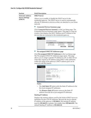 Page 3838  4021193 Rev C 
 
How Do I Configure My DOCSIS Residential Gateway? 
 
Section Field Description 
Network Address 
Server Settings 
(DHCP) 
DHCP Server 
Allows you to enable or disable the DHCP server in the 
residential gateway. The DHCP server is used to automatically 
allocate IP addresses to devices as they are attached to your home 
network. 
 Connected Devices Summary page 
Click Connected Devices Summary in the Lan Setup page. The 
Connected Devices Summary page opens. This page is a pop-up...