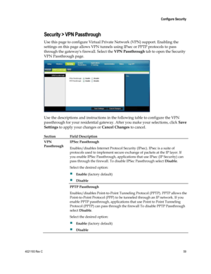 Page 594021193 Rev C  59 
 
 Configure Security 
 
Security > VPN Passthrough 
Use this page to configure Virtual Private Network (VPN) support. Enabling the 
settings on this page allows VPN tunnels using IPsec or PPTP protocols to pass 
through the gateways firewall. Select the VPN Passthrough tab to open the Security 
VPN Passthrough page. 
 
Use the descriptions and instructions in the following table to configure the VPN 
passthrough for your residential gateway. After you make your selections, click Save...