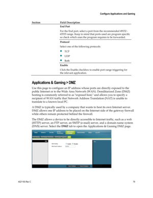 Page 794021193 Rev C  79 
 
 Configure Applications and Gaming 
 
Section Field Description   
End Port 
For the End port, select a port from the recommended 49152 - 
65535 range. Keep in mind that ports used are program specific 
so check which ones the program requires to be forwarded. 
Protocol 
Select one of the following protocols: 
 TCP 
 UDP 
 Both 
Enable 
Click the Enable checkbox to enable port range triggering for 
the relevant application.  
Applications & Gaming > DMZ 
Use this page to configure...