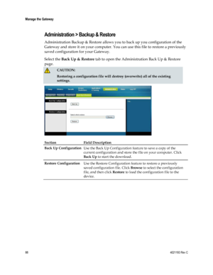 Page 8888  4021193 Rev C 
 
Manage the Gateway 
 
Administration > Backup & Restore 
Administration Backup & Restore allows you to back up you configuration of the 
Gateway and store it on your computer. You can use this file to restore a previously 
saved configuration for your Gateway.  
Select the Back Up & Restore tab to open the Administration Back Up & Restore 
page. 
 CAUTION: 
Restoring a configuration file will destroy (overwrite) all of the existing 
settings. 
 
Section Field Description   
Back Up...