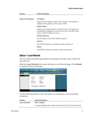 Page 914021193 Rev C  91 
 
 Monitor Gateway Status 
 
Section Field Description   
 
Internet Connection 
 
IP Address  
Displays the IP address of the WAN interface. This address is 
assigned to the gateway when it goes online. 
Subnet Mask  
Displays the subnet mask for your WAN port. This address is 
automatically assigned to your WAN port by your ISP except 
when a static IP address is set up. 
Default Gateway  
The IP address of the ISPs Default Gateway. 
DNS1-3  
The DNS IP addresses currently used by...