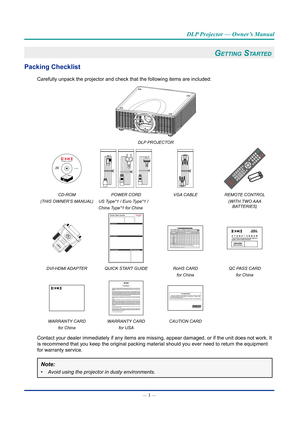 Page 16— 1 — 
DLP Projector — Owner’s Manual
GettinG Started
packing Checklist
Carefully unpack the projector and check that the following items are in\
cluded: 
DLP PROJECTOR
EK-800U
+-+-
ONOFF213546879
Gam maBrigh tCont.PIP
0InfoModeAutoSou rceMenuExit
Hot Ke yShutter(AV Mu te)Pattern
FocusLens  H
Lens  V
Keysto ne H
Keyston e V
Zoom
Enter
CD-ROM
(THIS OWNER’S MANUAL) POWER CORD 
US Type*1 / Euro Type*1 /
China Type*1 for China VGA CABLE
REMOTE CONTROL
(WITH TWO AAA  BATTERIES)
Quick Start Guide 
Accessories...