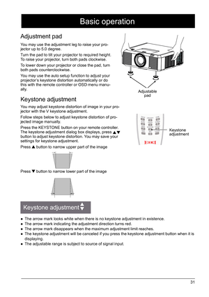 Page 3131
Adjustment pad
Keystone adjustment
Adjustable pad
You may use the adjustment leg to raise your pro
-
jector up to 5.0 degree.
Turn the pad to tilt your projector to required height. 
To raise your projector, turn both pads clockwise.
To lower down your projector or close the pad, turn 
both pads counterclockwise.
You may use the auto setup function to adjust your 
projector’s keystone distortion automatically or do 
this with the remote controller or OSD menu manu -
ally.
You may adjust keystone...