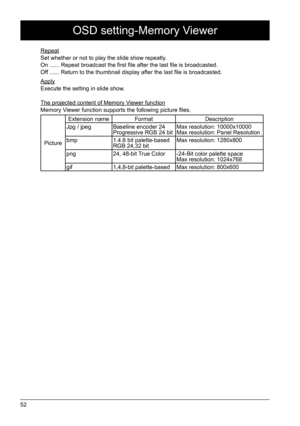 Page 5252
OSD setting-Memory Viewer
Repeat
Set whether or not to play the slide show repeatly.
On ...... Repeat broadcast the first file after the last file is broadcasted.
Off ...... Return to the thumbnail display after the last file is broadcasted. 
Apply
Execute the setting in slide show.
The projected content of Memory Viewer function
Memory Viewer function supports the following picture files.
PictureExtension name
Format Description
Jpg / jpeg Baseline encoder 24
Progressive RGB 24 bit Max resolution:...