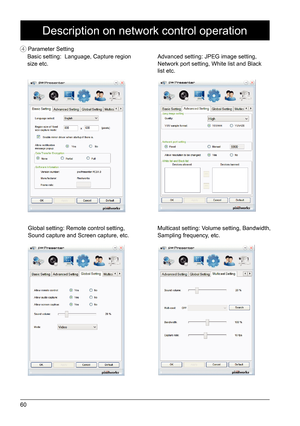 Page 6060
Basic setting:  Language, Capture region 
size etc. Advanced setting: JPEG image setting, 
Network port setting, White list and Black 
list etc.
Parameter Setting
 ④
Global setting:
 Remote control setting, 
Sound capture and  Screen capture, etc. Multicast setting: V
olume setting, Bandwidth, 
Sampling frequency, etc.
Description on network control operation   