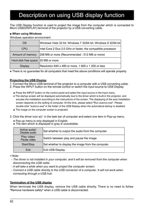 Page 6262
The USB Display function is used to project the image from the computer which is connected to 
Micro USB(DISPLAY) terminal of the projector by a USB converting cable.
Note:
  - The driver is not installed in your computer, and it will be removed from the computer when 
    disconnecting the USB cable.
  -  It will take a while when you want to project the computer screen.
  - Connect a USB cable directly to the USB connector of a computer. It will not work when 
    connecting through a USB hub.
When...