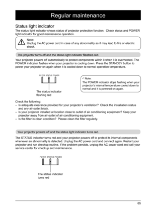 Page 6565
FILTERSTATUS POWER
Regular maintenance
Status light indicator
The status light indicator shows status of projector protection function\
.  Check status and POWER 
light indicator for good maintenance operation. 
Note: 
Unplug the AC power cord in case of any abnormality as it may lead to fire or electric 
shock. 
The projector turns off and the status light indicator flashes red.
Your projector powers off and the status light indicator turns red.
Your projector powers off automatically to protect...