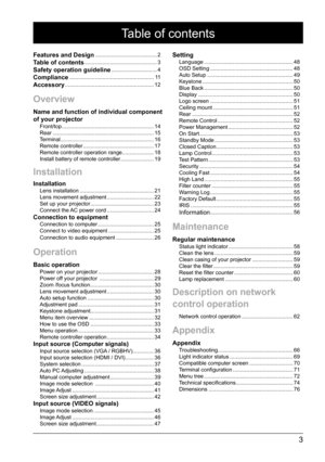 Page 33
Table of contents
Features and Design .........................................2Table of contents ................................................ 3Safety operation guideline .............................. 4Compliance ........................................................ 11Accessory ........................................................... 12
Overview
Name and function of individual component 
of your projector
Front/top ............................................................. 14
Rear...