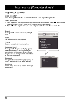 Page 4040
Image mode selection 
Direct operation 
Press the Image Select button on remote controller to select required im\
age mode. 
Menu operation
1  Press the MENU button on remote controller and the OSD displays. Press  button select 
image select icon , press  button or OK button to confirm your selection. 
2 Press  button to point to required item and press OK button to confirm your selection.
Dynamic
An image mode suitable for viewing in bright 
room. 
Normal
The default mode of your projector. 
Cinema...