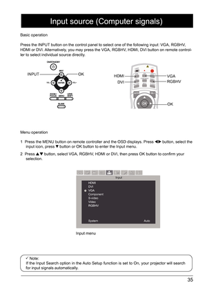 Page 3535
Input source (Computer signals)
Basic operation
Press the INPUT button on the control panel to select one of the following input: VGA, RGBHV, 
HDMI or DVI. Alternatively, you may press the VGA, RGBHV, HDMI, DVI button on remote control-
ler to select individual source directly. 
Menu operation
1  Press the MENU button on remote controller and the OSD displays. Press 
 button, select the 
input icon, press  button or OK button to enter the Input menu.
2 Press 
 button, select VGA, RGBHV, HDMI or DVI,...