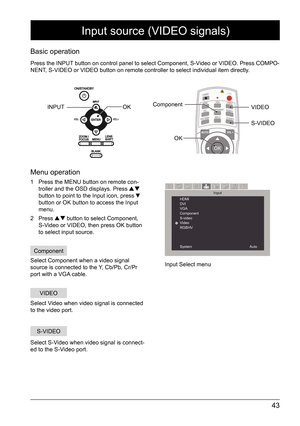 Page 4343
Input source (VIDEO signals)
Basic operation
Press the INPUT button on control panel to select Component, S-Video or VIDEO. Press COMPO-
NENT, S-VIDEO or VIDEO button on remote controller to select individual item\
 directly.
Menu operation
1 Press the MENU button on remote con-
troller and the OSD displays. Press  
button to point to the Input icon, press  
button or OK button to access the Input 
menu.
2 Press 
 button to select Component, 
S-Video or VIDEO, then press OK button 
to select input...