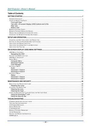 Page 13— xii — 
Table of Contents 
GETTING STARTED ........................................................................................................................................................... 1 
PACKING CHECKLIST ........................................................................................................................................................... 1 
VIEWS OF PROJECTOR PARTS...