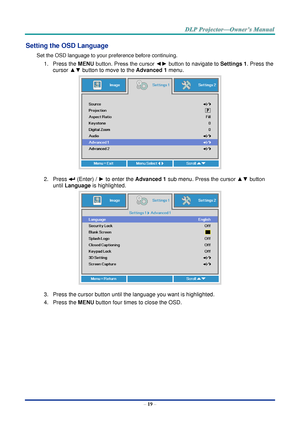 Page 33– 19 – 
Setting the OSD Language 
Set the OSD language to your preference before continuing. 
1. Press the MENU button. Press the cursor ◄► button to navigate to Settings 1. Press the 
cursor ▲▼ button to move to the Advanced 1 menu. 
 
2. Press  (Enter) / ► to enter the Advanced 1 sub menu. Press the cursor ▲▼ button 
until Language is highlighted.  
 
3. Press the cursor button until the language you want is highlighted.  
4. Press the MENU button four times to close the OSD.   
   