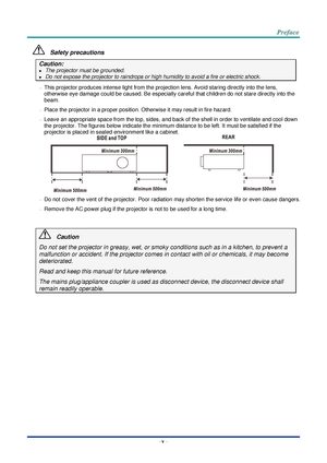 Page 6–v – 
   Safety precautions 
Caution:  
  The projector must be grounded. 
  Do not expose the projector to raindrops or high humidity to avoid a fire or electric shock. 
- This projector produces intense light from the projection lens. Avoid staring directly into the lens, 
otherwise eye damage could be caused. Be especially careful that children do not stare directly into the 
beam. 
- Place the projector in a proper position. Otherwise it may result in fire hazard. 
- Leave an appropriate space from...