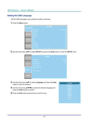 Page 35— 20 — 
DLP Projector — Owner’s Manual
Setting the OSD Language
Set the OSD language to your preference before continuing.
1. Press the Menu button. 
Display Mode
Brightness
Contrast
Sharpness
Color
Tint
Phase
Frequency
Horz Position
Vert PositionPICTUREOUTPUT SETUP
OPTIONPICTURE
Presentation 50
502
50
50
50
50
50
50
2. Use the arrow keys (pq) to select SETUP and press the Enter button to enter the SETUP menu.
PICTURE
OUTPUT
SETUP
OPTIONSETUP
English
AutoOff
Language
Ceiling Mount
Rear Projection
Lens...