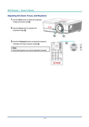 Page 28— 14 — 
DLP Projector — Owner’s Manual
Adjusting the Zoom, Focus, and Keystone
1. Use the Zoom lever to resize the projected  
image and screen size 
b.
2. Use the Focus lever to sharpen the   
projected image 
A.
3. Use the V Keystone button to adjust the keystone Volume V Keystone
VGA11S-Video2HDMI13HDMI2
FormatZoomRemoteIDAll
VGA24Video5DVI6BNC7YPbPr8DisplayPort93D0
MenuPg
Avertically and make a squarer image A.
Note:
Horizontal keystone can only be adjusted manually.
BA  