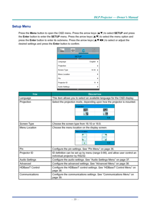 Page 49— 35 — 
DLP Projector — Owner’s Manual
Setup Menu
Press the Menu button to open the OSD menu. Press the arrow keys (pq) to select SETUp and press 
the Enter button to enter the SETUp menu. Press the arrow keys (pq) to select the menu option and 
press the Enter button to enter its submenu. Press the arrow keys (pqtu) to select or adjust the 
desired settings and press  the Enter button to confirm.
SETUP
Screen Type Language English
Menu Location
Pin
Projector ID
Audio Settings Projection
ItemDescrIptIon...