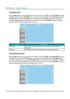 Page 43— 28 — 
DLP Projector — Owner’s Manual
3D Display Menu
Press the Menu button to open the OSD menu. Press the arrow keys (pq) to select PICTURE and press 
the Enter button to enter the PICTURE menu. Press the arrow keys (pq) to select 3D Display and press 
the Enter button to enter the 3D Display menu. Press the arrow keys (pq) to select the menu option 
and press the Enter button to enter its submenu. Press the arrow keys (pqtu) to select or adjust the 
desired settings and press the Enter button to...