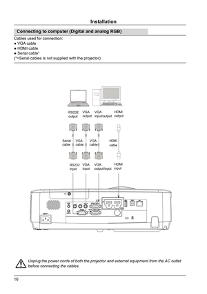 Page 1616
Installation
Connecting to computer (Digital and analog RGB)
Cables used for connection:
● VGA cable                                                              
● HDMI cable                              
● Serial cable*
(*=Serial cables is not supplied with the projector)
Unplug the power cords of both the projector and external equipment from the AC outlet 
before connecting the cables.
HDMI 
output
HDMIcable
HDMI
input
RS232 
input
RS232 
output
Serial 
cable VGA 
output
VGA 
input/output
VGA...