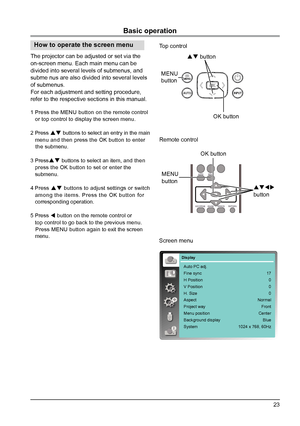 Page 2323
Remote control
Screen menu
VGA VIDEO HDMI
MENU
INPUT
FREEZE
MUTE
BLANK
LAMP
PATTERN
KEYST ONE
TIMER INFO.
SCREEN
IMAGE
AUT
O
+ +
- -D.ZOOM VOLUME
MENU 
button OK button

 
button
1 Press the MENU button on the remote control 
   or top control to display the screen menu.
2   Press 
 buttons to select an entry in the main 
      menu and then press the OK button to enter 
   the submenu.
3 Press
 buttons to select an item, and then 
   press the OK button to set or enter the 
   submenu.
4...