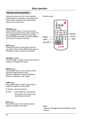 Page 2828
LAMP button
Press LAMP button to select a lamp mode to 
change the brightness of the screen.
Normal ...Normal brightness.
ECO ...... Lower brightness, reducing the 
                     lamp power consumption and 
                      extending the lamp life.
Remote control operation
FREEZE button
Press FREEZE button on the remote control, 
video will be paused and the audio is muted. The 
icon is displayed on the screen during Freeze. 
Press FREEZE button again, the video playback 
resumes and the...